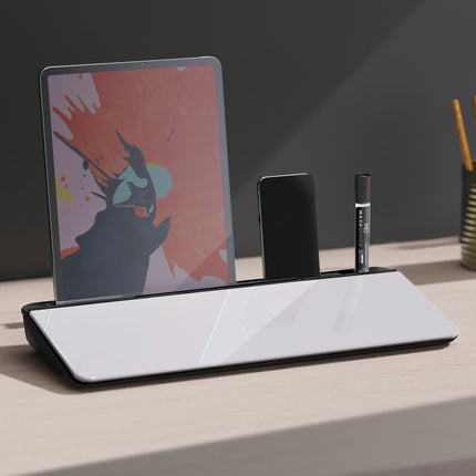 Glass writing board with table stand, 45x20cm, white+black