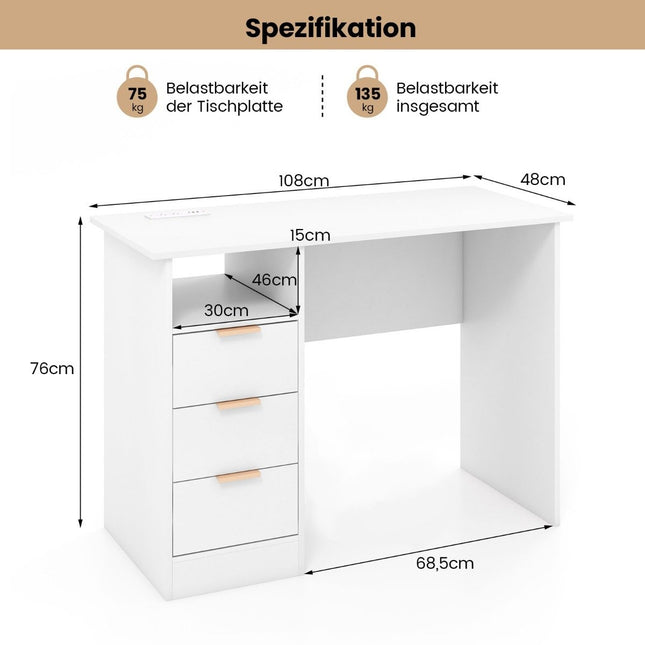 Desk with 3 drawers & charging station computer desk modern office table white