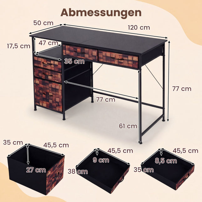 Desk with 5 Fabric Drawers and Shelf – Brown, 120x50 cm