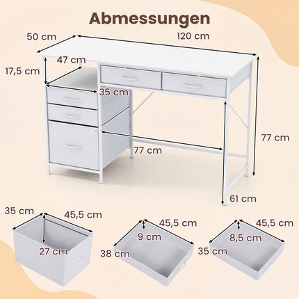 Desk with 5 Fabric Drawers and Shelf – White, 120x50 cm