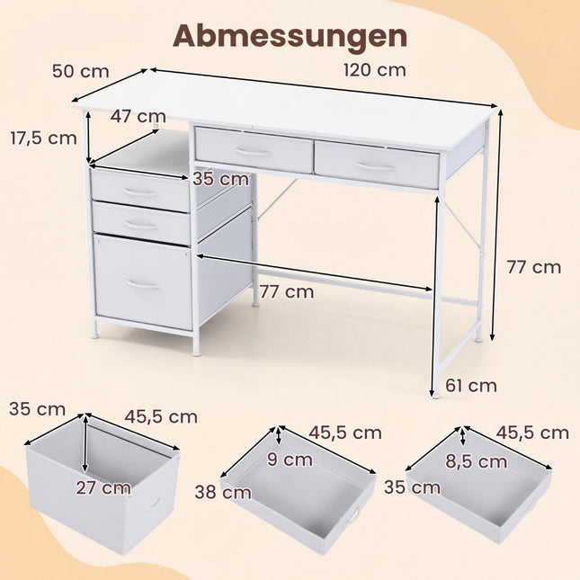 Desk with 5 Fabric Drawers and Shelf – White, 120x50 cm