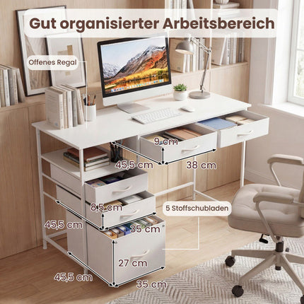 Desk with 5 Fabric Drawers and Shelf – White, 120x50 cm