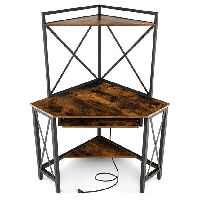 Desk with charging station corner computer table with keyboard shelf & 2 shelves 113 x 75 x 145 cm Rustic brown + black