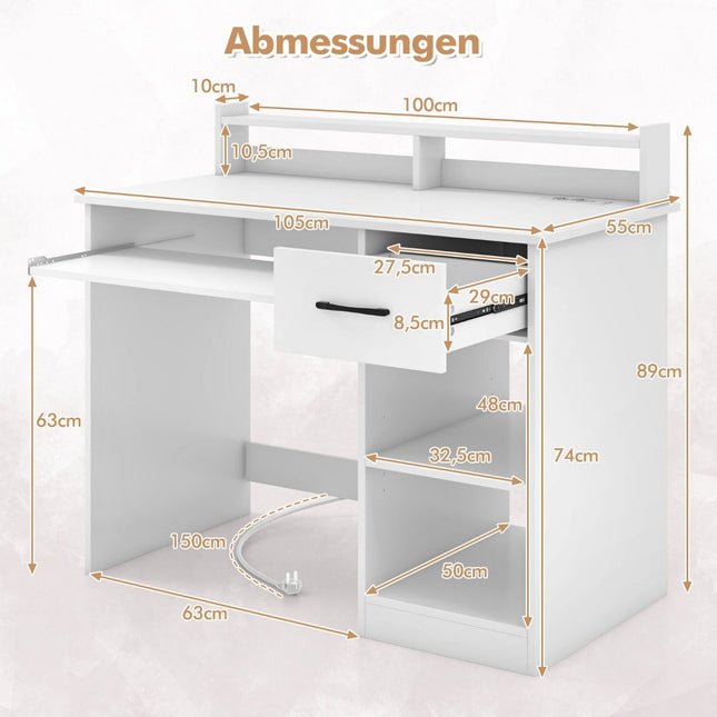 Desk with charging station, keyboard tray, drawer & adjustable shelf, white 105 x 55 x 89 cm