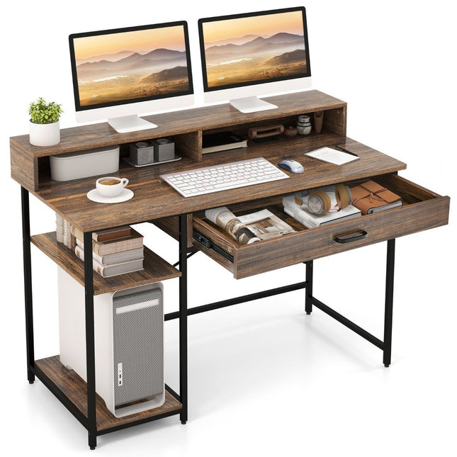 Desk with drawer monitor stand & 2 open shelves computer desk with metal frame 120 x 56 x 90.5 cm