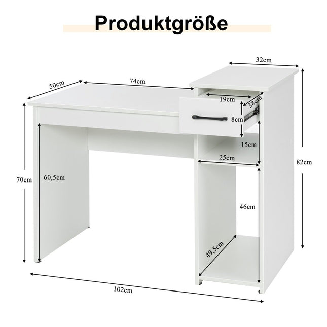 Desk with drawer & open shelves Wooden computer desk 102 x 50 x 82 cm White