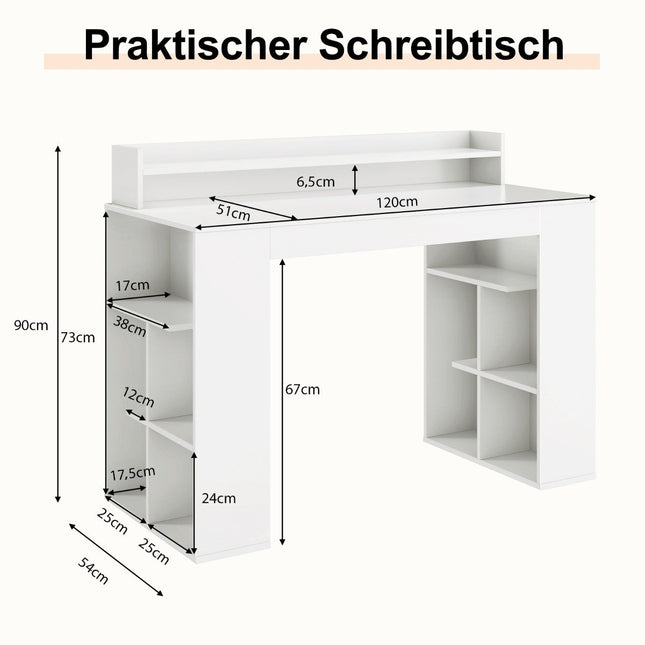 Desk with monitor shelf & 2 bookshelves computer table 120 x 54 x 90 cm white