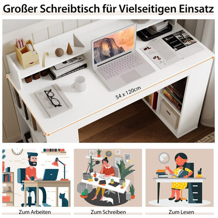 Desk with monitor shelf & 2 bookshelves computer table 120 x 54 x 90 cm white