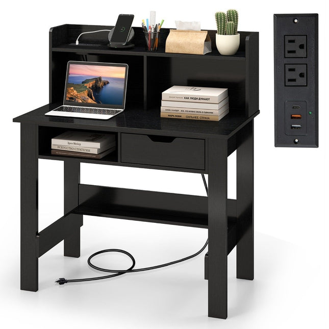 Desk with sockets Small computer desk with attachment 95 x 56 x 109.5 cm Black
