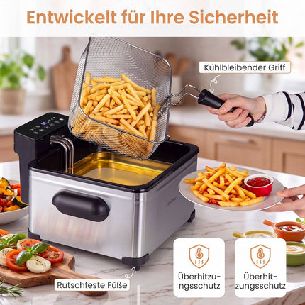 Digital Deep Fryer, 5L Oil, 1700W, 3 Baskets, Stainless Steel