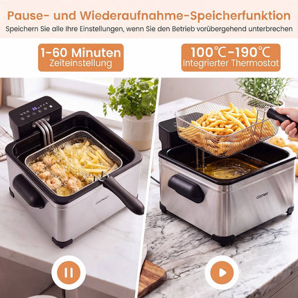 Digital Deep Fryer, 5L Oil, 1700W, 3 Baskets, Stainless Steel