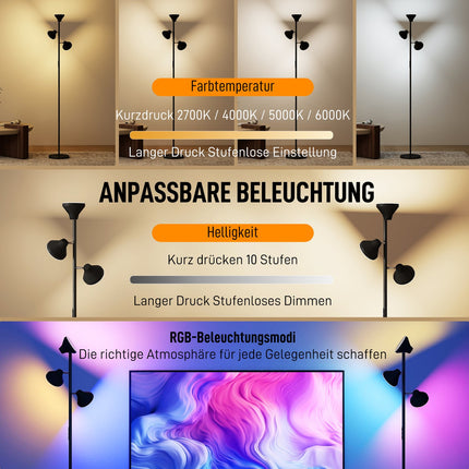 Dimmable Floor Lamp with Reading Light, RGB, Remote Control