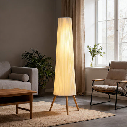 Dimmable LED Floor Lamp, Wood Tripod, Foot Switch, White