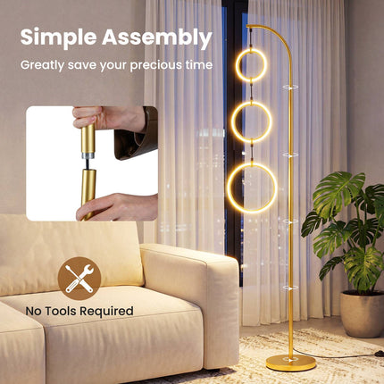 Dimmable LED Floor Lamp with 3 Light Rings and Foot Switch, Gold, 180 cm