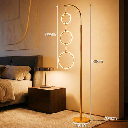 Dimmable LED Floor Lamp with 3 Light Rings and Foot Switch, Gold, 180 cm