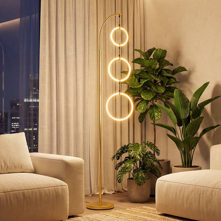 Dimmable LED Floor Lamp with 3 Light Rings and Foot Switch, Gold, 180 cm