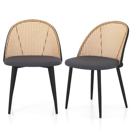 Dining Chairs Set of 2, Rattan Back, Metal Legs, Grey