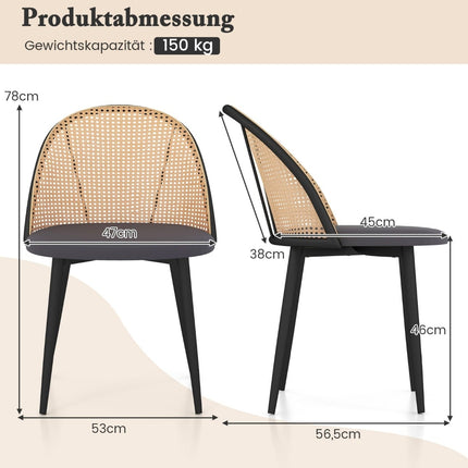 Dining Chairs Set of 2, Rattan Back, Metal Legs, Grey