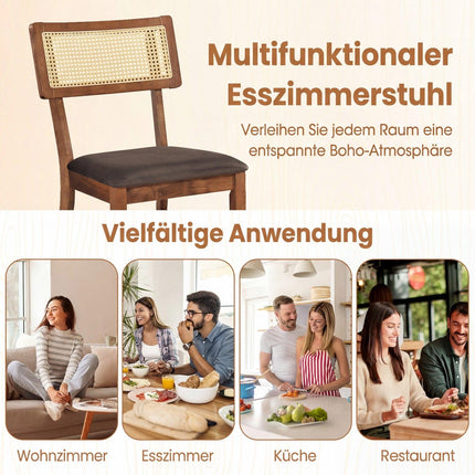 Dining Chairs Set of 2, Rattan Back, Velvet Seat, Brown