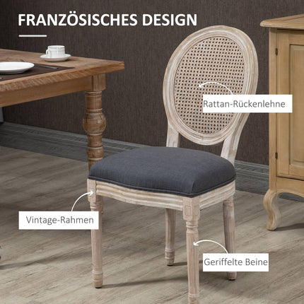 Gray upholstered dining chairs, set of 2 - Rattan back, linen look