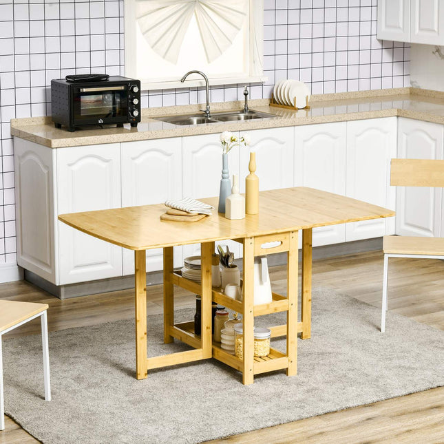 Folding dining table, bamboo, storage and adjustable feet