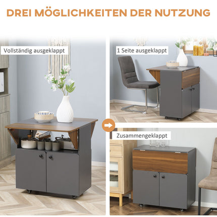 Folding dining table with wheels and storage, light grey/dark brown