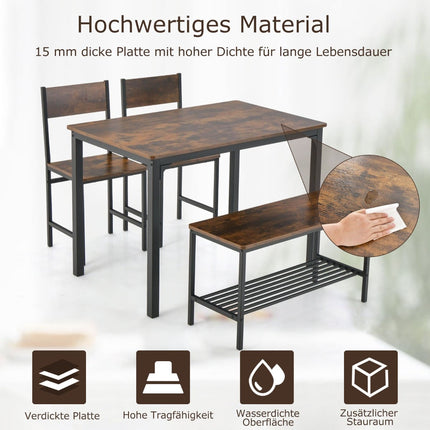 Dining Table Set for 4 – Table, 2 Chairs, Bench, Shelf