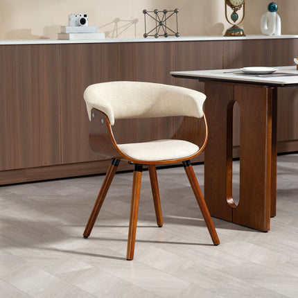 Dining chair, linen-look fabric, curved backrest, wooden legs, beige