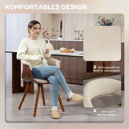 Dining chair, linen-look fabric, curved backrest, wooden legs, beige