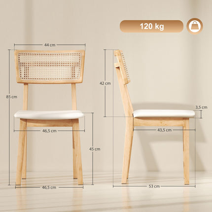Dining chair, rattan backrest, imitation leather seat, rubber wood, natural wood