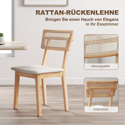 Dining chair, rattan backrest, imitation leather seat, rubber wood, natural wood