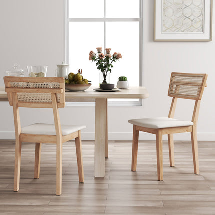 Dining chair, rattan backrest, imitation leather seat, rubber wood, natural wood