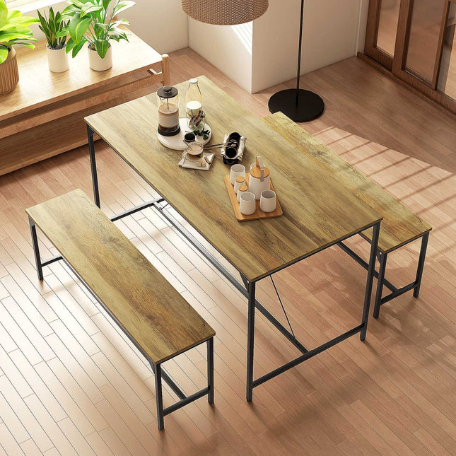 Dining table set with 2 benches for 4 - Natural finish