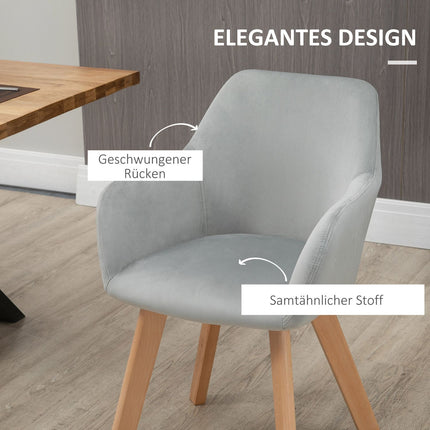 Set of 2 dining chairs in gray velvet with armrests