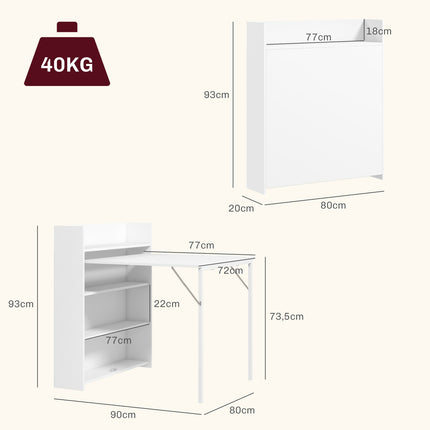 Folding dining table with shelves, Anti-tip, White