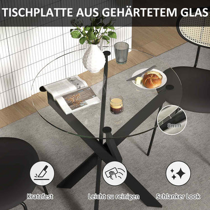 Round dining table for 4 - Glass top & steel legs, Ø70 cm