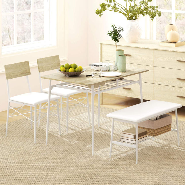 Dining table set with bench and chairs, oak finish