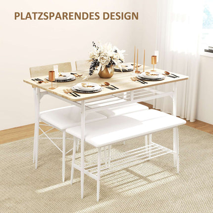 Dining table set with bench and chairs, oak finish