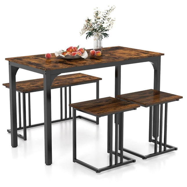 Dining table with bench &amp; 2 stools set of 4 kitchen table industrial dining group for kitchen 120 x 60 x 75 cm brown