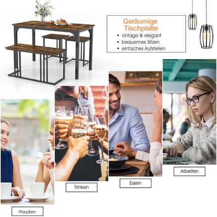 Dining table with bench &amp; 2 stools set of 4 kitchen table industrial dining group for kitchen 120 x 60 x 75 cm brown