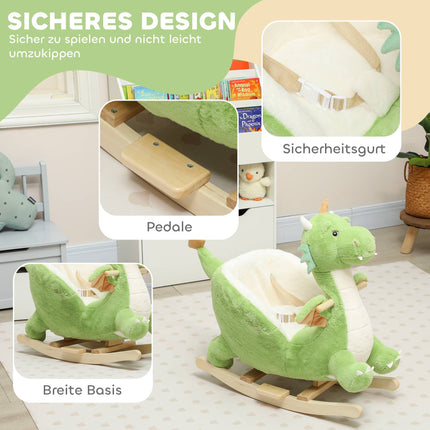 Dinosaur Rocker with Sounds, Soft Filling, Wood Frame, Green