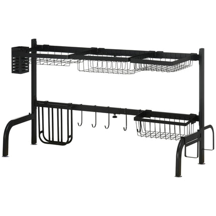 2-tier dish rack in black steel with hooks and drip tray