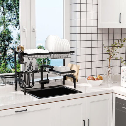 2-tier dish rack in black steel with hooks and drip tray