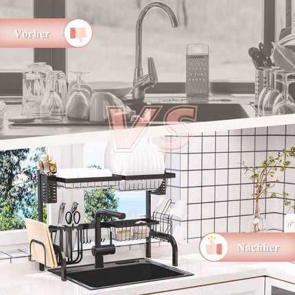 2-tier steel dish rack with hooks, 65 cm, black
