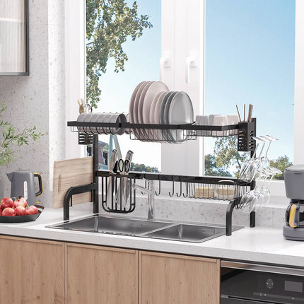 Dish drainer, 2-tier drainer with hooks, plate rack, accessories, 100 cm steel, black