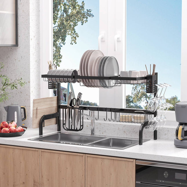 Dish drainer, 2-tier drainer with hooks, plate rack, accessories, 100 cm steel, black