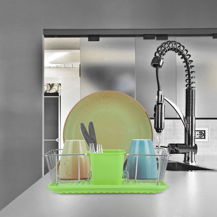 Dish rack with cutlery holder in green