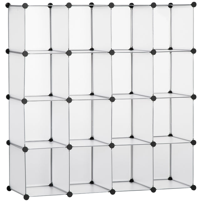 Cube storage system, 16 plastic shelves, white, 125x32x125cm