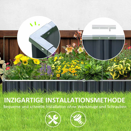 Steel raised garden bed with plant signs and gloves