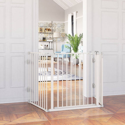 Foldable dog barrier with adjustable angle and automatic door